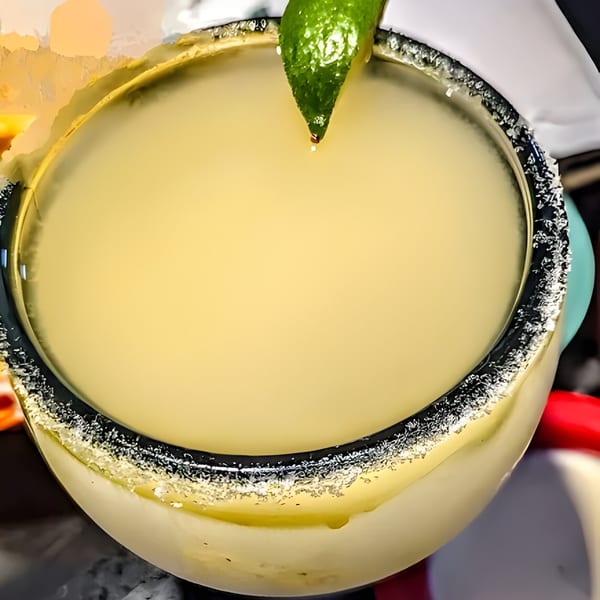 Close-up of a margarita with a salted rim and a lime wedge, from El Molino.