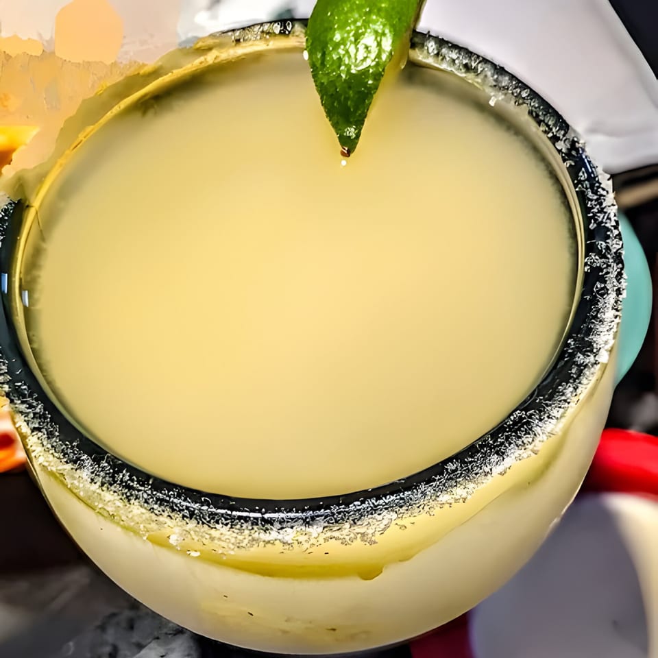 Close-up of a margarita with a salted rim and a lime wedge, from El Molino.